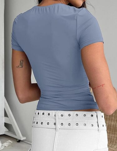 Women's Casual Basic Going Out Crop Tops V Neck Slim Dupes Short Sleeve Tight Shirts Y2K Clothes in Saudi Arabia