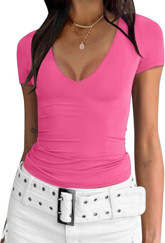 Women's Casual Basic Going Out Crop Tops V Neck Slim Dupes Short Sleeve Tight Shirts Y2K Clothes in Saudi Arabia