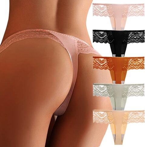 YATELAN 5 قطع من سيور الدانتيل النسائية، T الظهر منخفض الخصر انظر من خلال سراويل داخلية مثيرة بدون خياطة على شكل حرف V من الدانتيل (5Pack-L) in Saudi Arabia