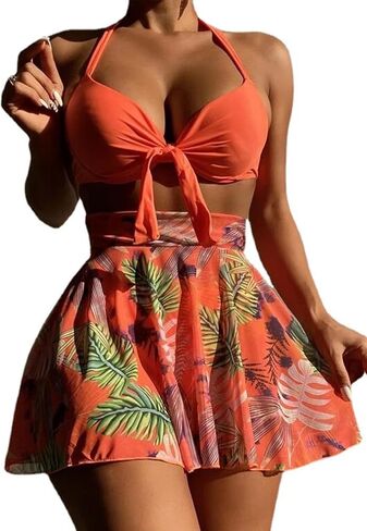 Vrtige Women's Three Piece Swimsuit Floral Print Self Tie Halter Top with Beach Skirts Bikini Set in Saudi Arabia