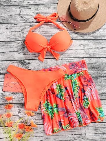 Vrtige Women's Three Piece Swimsuit Floral Print Self Tie Halter Top with Beach Skirts Bikini Set in Saudi Arabia
