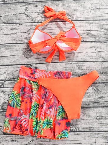 Vrtige Women's Three Piece Swimsuit Floral Print Self Tie Halter Top with Beach Skirts Bikini Set in Saudi Arabia