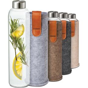 Glass Water Bottle 25oz with Felt Sleeve - Borosilicate Glass - Leakproof Lid - BPA Free - Glass Bottles for Beverage and Juicing (Sand Brown)