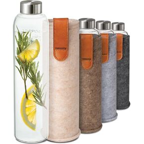 Glass Water Bottle 25oz with Felt Sleeve - Borosilicate Glass - Leakproof Lid - BPA Free - Glass Bottles for Beverage and Juicing (Sand Brown) in Saudi Arabia
