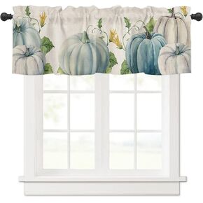 Window Treatment Valances Fall Blue Pumpkin Watercolor Linen Design Rod Pocket Curtain Valance for Kitchen, Bathroom, Living Room, Bedroom 54" W x 18" L