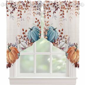 Orange Blue White Pumpkins Swag Curtains 36 Inch Length 2 Panels Set,Fall Thanksgiving Semi-Sheer Rod Pocket Kitchen Living Room Bedroom Bathroom Cafe Window Valance Drapes Eucalyptus Leaves 56"Wx36"L