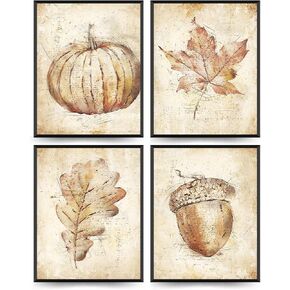 ETVISO Vintage Fall Wall Decor Set of 4, Pumpkin Maple Leaf Wall Art Prints, Autumn Fall Decor for Thanksgiving Home Gallery Living Room Bedroom Farmhouse, 8x10 (Unframed)