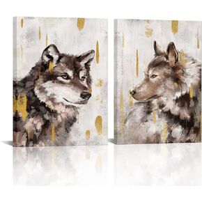 HOMEOART Canvas Prints Wolf Decor Wolf Painting Canvas Wall Art Rustic Animal Painting Framed Artwork for Living Room Bedroom Decoration (12"x16"x2 Panels)