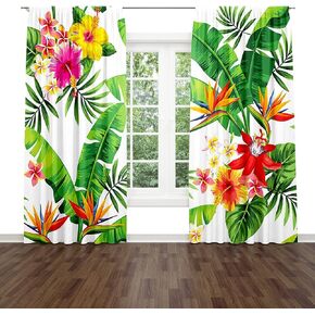 Flowers Window Drapes Curtain Colorful Leaf Palm Leaves Tropical Flowers Green Jungle Hibiscus Rod Pocket Drapes Curtain for Living Room Home Decor 26x84 Inches 2 Panels