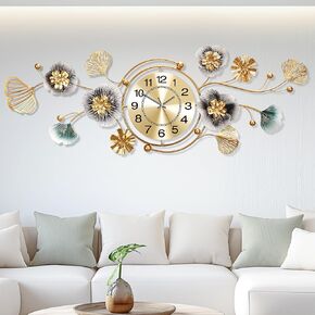 Large Wall Clock,Clock for Living Room,with Silent Movement and Rotatable Dial,3D Creative Metal Ginkgo Leaf Design Clock for Bedroom,for Living Room Bedroom Dining Room Office（38''x18''）