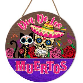 HSNBT Dia De Los Muertos Welcome Sign Decor Day of The Dead Decor for Home Front Door Porch Mexican Sugar Skulls Wooden Hanging Sign Decorations