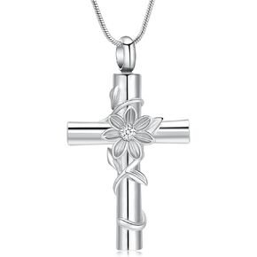 Urn Necklace for Ashes Sunflower Cross Necklace Cremation Jewelry Ashes Necklace for Human Women Pets Sunshine Pendant Keepsake Jewelry for Ashes