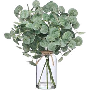 Artificial Eucalyptus Stems in Glass Vase with Faux Water, 14" Fake Plant Eucalyptus Leaves for Centerpiece Table Decorations Office Farmhouse Wedding Home Decor (Green)