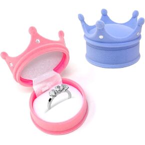 Honbay 2PCS Velvet Ring Box Crown Shape Jewelry Storage Case Jewelry Display Organizer Box for Wedding Engagement (Blue and Pink)