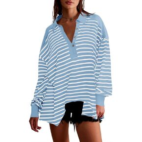 Tankaneo Womens Oversized Striped Sweatshirts Long Sleeve Polo Shirt Cotton Loose Fit Henley Tops