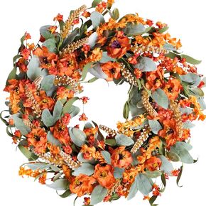 TEMPUS 20 بوصة إكليل الخريف سقوط الزهور البرتقالية إكليل خروف الأذن يترك الحصاد مهرجان الديكور إكليل زهرة القمح للباب الأمامي مهرجان الحصاد نافذة الزفاف الخريف في الهواء الطلق ديكور داخلي in Kuwait