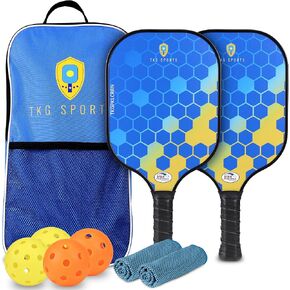 TKG Sports 14mm Carbon Fiber Pickleball Set with Bag - 2 USAPA Pickleball Paddles, 2 Indoor and 2 Outdoor Pickleball Balls, 2 Cooling Towels - Pickleball Rackets for Adults and Teens