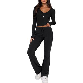 Womens 2 Piece Lounge Sets Long Sleeve Crop Tops V Neck Flare Pants Set Fall Y2k Casual Outfits