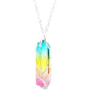 Wire Wrapped Tree of Life Natural Quartz Crystal Pendant Necklace Handmade Pointed Chakra Gemstone Reiki Stone Necklace for Women Men Gift Yoga Meditation Jewelry