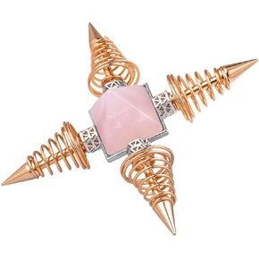 mookaitedecor Rose Quartz Pyramid Healing Crystal Stone Energy Generator with 4 Spiral Copper Points for Reiki Balancing Meditation, Rose Gold Plated