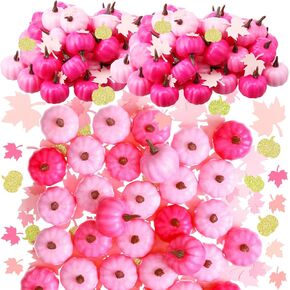 Thyle 150 Pcs Artificial Pink Pumpkins Bulk Thanksgiving 50 Small Pink Foam Pumpkins with 100 Confetti Maple Leaves Fall Baby Shower Pink Pumpkin Decorative for Halloween Centerpiece(Pink)