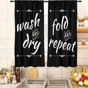 zokyer Laundry Kitchen Curtains Black and White Wash Dry Quotes Words Printed Simple Fun Small Short 27.5" W x 39" L Window Treatment Tiers for Bedroom Living Room Bathroom 2 Panels Rod Pocket Drapes