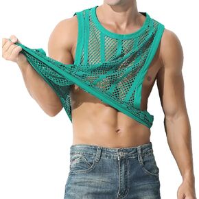 JINSHI Men's Striped Mesh Undershirt Tanks Fishnet Top Sleeveless Vest See Thru Undershirts Muscle Workout Shirt