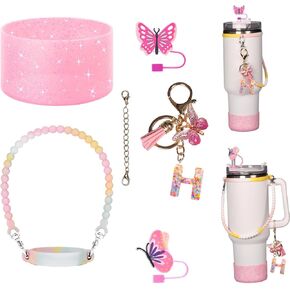 6pcs Pink Stanley Cup Accessories for 30&40Oz,Stanley Tumbler with Handle and Straw Covers-Silicone Water Bottle Handle Strap/Letter A Charm Accessories for Stanley Cup/Boot (A)