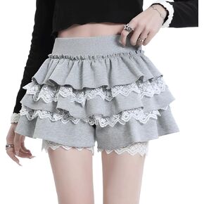 Kawaii Lolita Goth Harajuku Casual Style Elastic Waist Cute Skort Layered Lace Trim Tiered Skirt Shorts