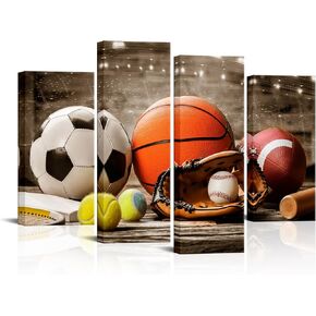 FuShvre Sport Pictures for Man Cave Football Basketball Baseball Rugby Canvas Wall Art Prints Ball Posters for Boys Teens Men's Bedroom Decor Gift for Sports Fan Framed