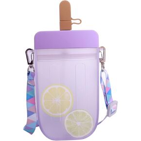 Cute Water Bottle with Straw - 300 ML Creative Ice Cream Popsicle Cups Adjustable Shoulder Strap for School Girls, Kawaii Leakproof BPA Free Drinking Bottles Camping Sports Travel(Pink)