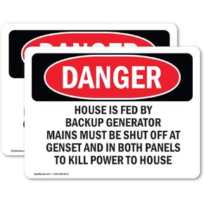 (2 Pack) House Is Fed By Backup Generator Mains Must OSHA Danger Sign 5 Inch X 3.5 Inch Vinyl Label Decal Sticker Weather Resistant, UV Protected for Workplace, Construction Site, Made in the USA