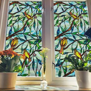 Faux Stained Glass Window Film Birds Decorative Colorful Decor, Double Sided Birds Window Privacy Film Vintage for Glass Window Door, Summer Window Clings 16.93"X39.37"
