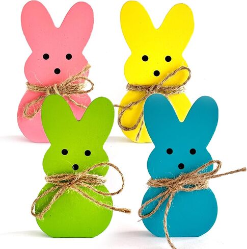4 Pack Easter Day Bunny Peeps Table Decorations - 4.6x2.4 Inches Cute Wooden Rabbit Tiered Tray & Tabletop Centerpieces, Rustic Farmhouse Sign Basket Gifts Decor in Saudi Arabia