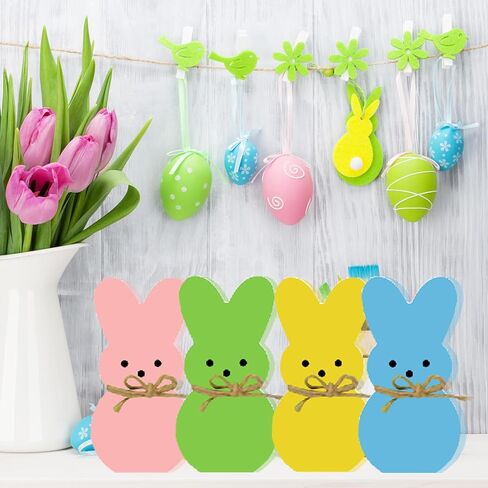 4 Pack Easter Day Bunny Peeps Table Decorations - 4.6x2.4 Inches Cute Wooden Rabbit Tiered Tray & Tabletop Centerpieces, Rustic Farmhouse Sign Basket Gifts Decor in Saudi Arabia