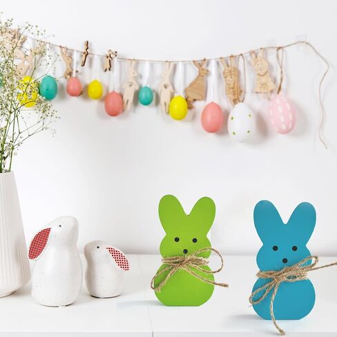 4 Pack Easter Day Bunny Peeps Table Decorations - 4.6x2.4 Inches Cute Wooden Rabbit Tiered Tray & Tabletop Centerpieces, Rustic Farmhouse Sign Basket Gifts Decor in Saudi Arabia