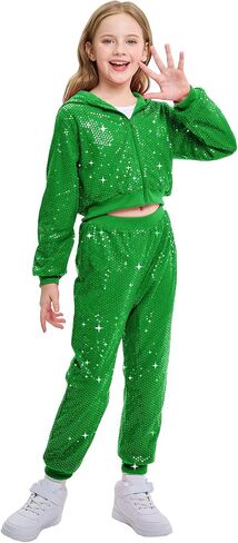 LOLANTA 2Pcs Girls Dance Outfits Cropped Sequin Jacket Pants Set, Kids Hip Hop Dance Costumes for 80s 90s Party 5-15 Years in Saudi Arabia