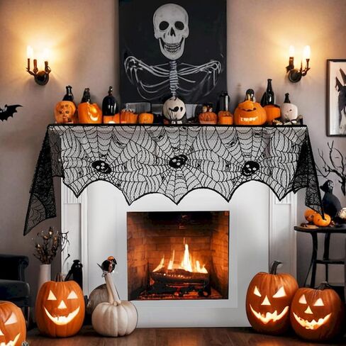 On-Airstore Thanksgiving Fall Mantle Scarf Pumpkin Maple Leaves Fireplace Scarf Orange Embroidered Lace Table Runner Autumn Harvest Mantle Cover for Thanksgiving Fireplace Decoration 96 x 18 Inch in Saudi Arabia