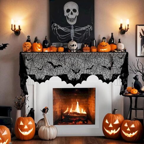 On-Airstore Thanksgiving Fall Mantle Scarf Pumpkin Maple Leaves Fireplace Scarf Orange Embroidered Lace Table Runner Autumn Harvest Mantle Cover for Thanksgiving Fireplace Decoration 96 x 18 Inch in Saudi Arabia