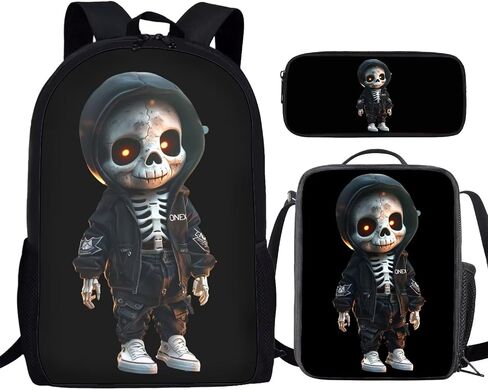 Bulopur 3 Pcs Funny Skull Skeleton Print School Bag Set, Kids Backpack Laptop Bookbags Insulated Lunch Bag Pencil Case Organizer for Middle School in Kuwait