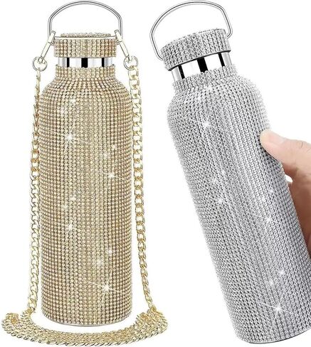 PCH Diamond Water Bottle Rhinestone/Bling Stainless Steel Thermal Bottle Refillable Water Bottle Insulated Water Bottle Glitter Water Bottle with Chain for Women Girls Gifts (500 ml) Gift Box (Gold) in Saudi Arabia