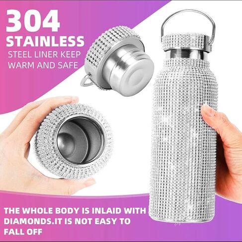 PCH Diamond Water Bottle Rhinestone/Bling Stainless Steel Thermal Bottle Refillable Water Bottle Insulated Water Bottle Glitter Water Bottle with Chain for Women Girls Gifts (500 ml) Gift Box (Gold) in Saudi Arabia