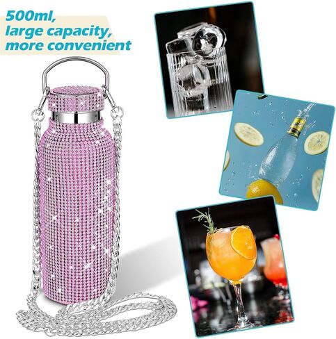 PCH Diamond Water Bottle Rhinestone/Bling Stainless Steel Thermal Bottle Refillable Water Bottle Insulated Water Bottle Glitter Water Bottle with Chain for Women Girls Gifts (500 ml) Gift Box (Gold) in Saudi Arabia