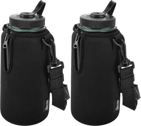 Beautyflier 2pcs Neoprene Water Bottle Sleeve Insulator Cooler, Compatible with Nalgene Water Bottle 32OZ, with Adjustable Shoulder Strap for Hydro Flask Wide Mouth Bottle 32oz, etc. (Black, 2pcs) in Saudi Arabia