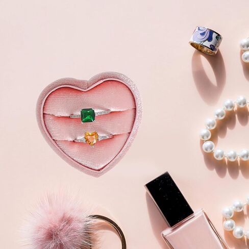 Velvet Ring Box 2 Slots - Heart Shape Ring Gift Box Gorgeous Ring Display Holder Vintage Double Ring Case with Detachable Lid for Proposal, Engagement, Wedding, Ceremony(Green) in Saudi Arabia