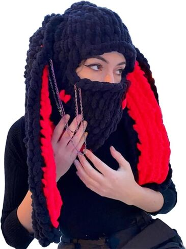 Thickened Crochet Knit Balaclava Hat for Women Girls, Funny Long Bunny Ears Beanie Hat with Scarf Mask Thermal Headwear in Kuwait