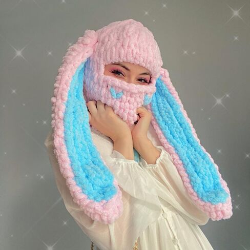 Thickened Crochet Knit Balaclava Hat for Women Girls, Funny Long Bunny Ears Beanie Hat with Scarf Mask Thermal Headwear in Kuwait