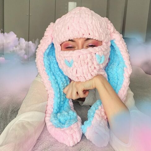 Thickened Crochet Knit Balaclava Hat for Women Girls, Funny Long Bunny Ears Beanie Hat with Scarf Mask Thermal Headwear in Kuwait