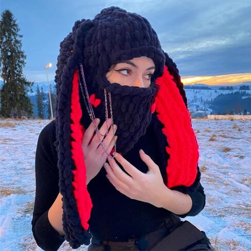 Thickened Crochet Knit Balaclava Hat for Women Girls, Funny Long Bunny Ears Beanie Hat with Scarf Mask Thermal Headwear in Kuwait