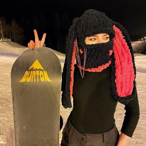 Thickened Crochet Knit Balaclava Hat for Women Girls, Funny Long Bunny Ears Beanie Hat with Scarf Mask Thermal Headwear in Kuwait